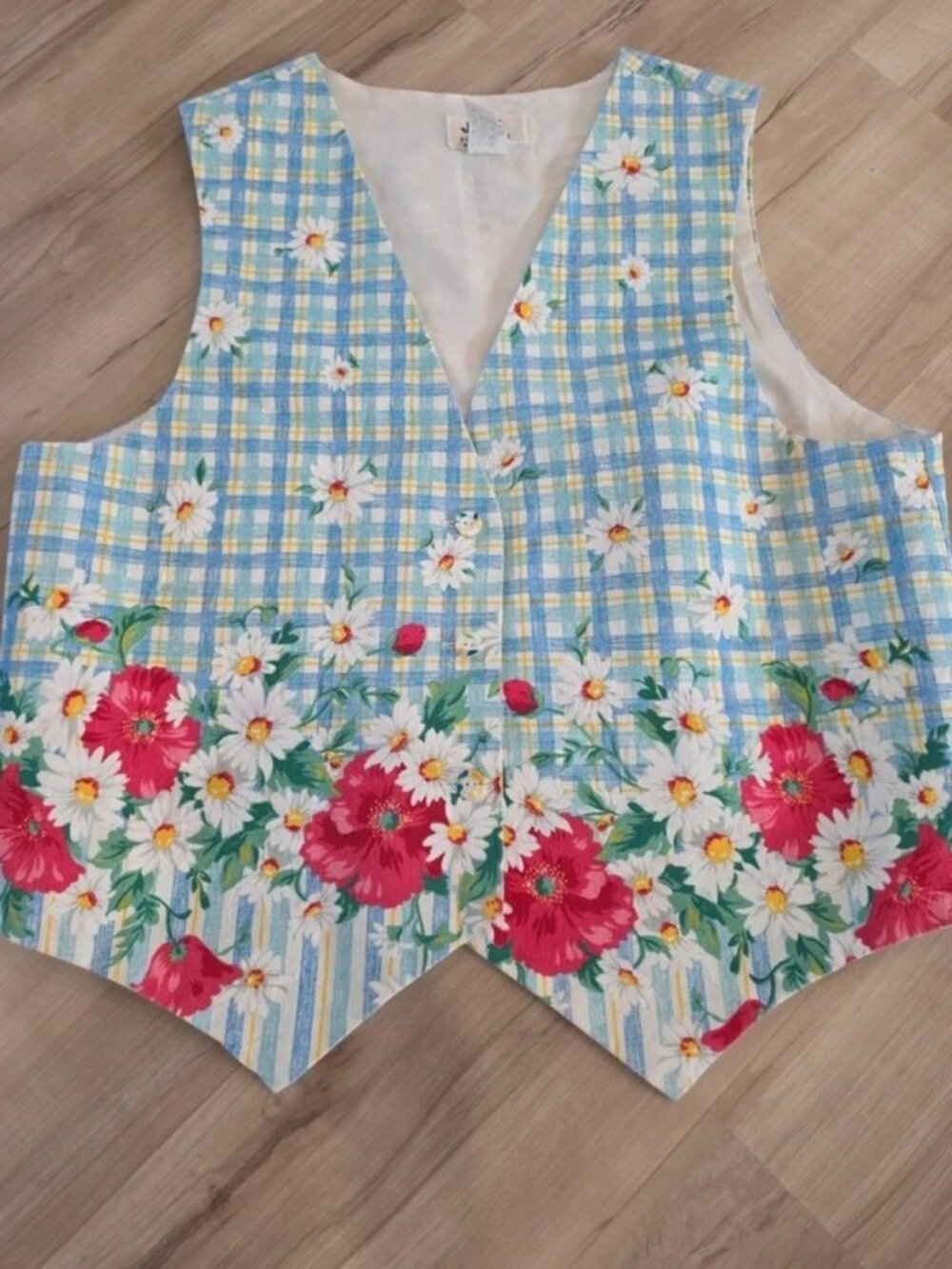 Vintage Floral Plaid Sz L Vest CottageCore BoHo Teacher